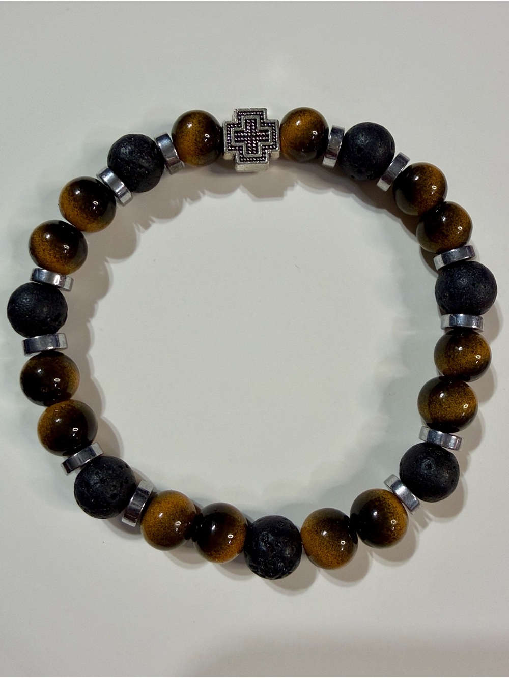Men's Tiger Eye and Black Lava Stone Beaded Bracelet with Silver Accents